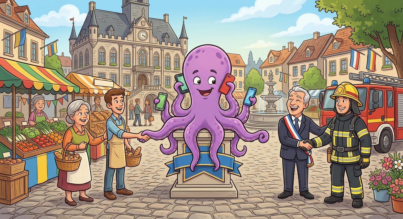 Die Marktkrake auf dem Marktplatz, mit acht Armen zugleich bei Händlern, Telefon und Stadt.